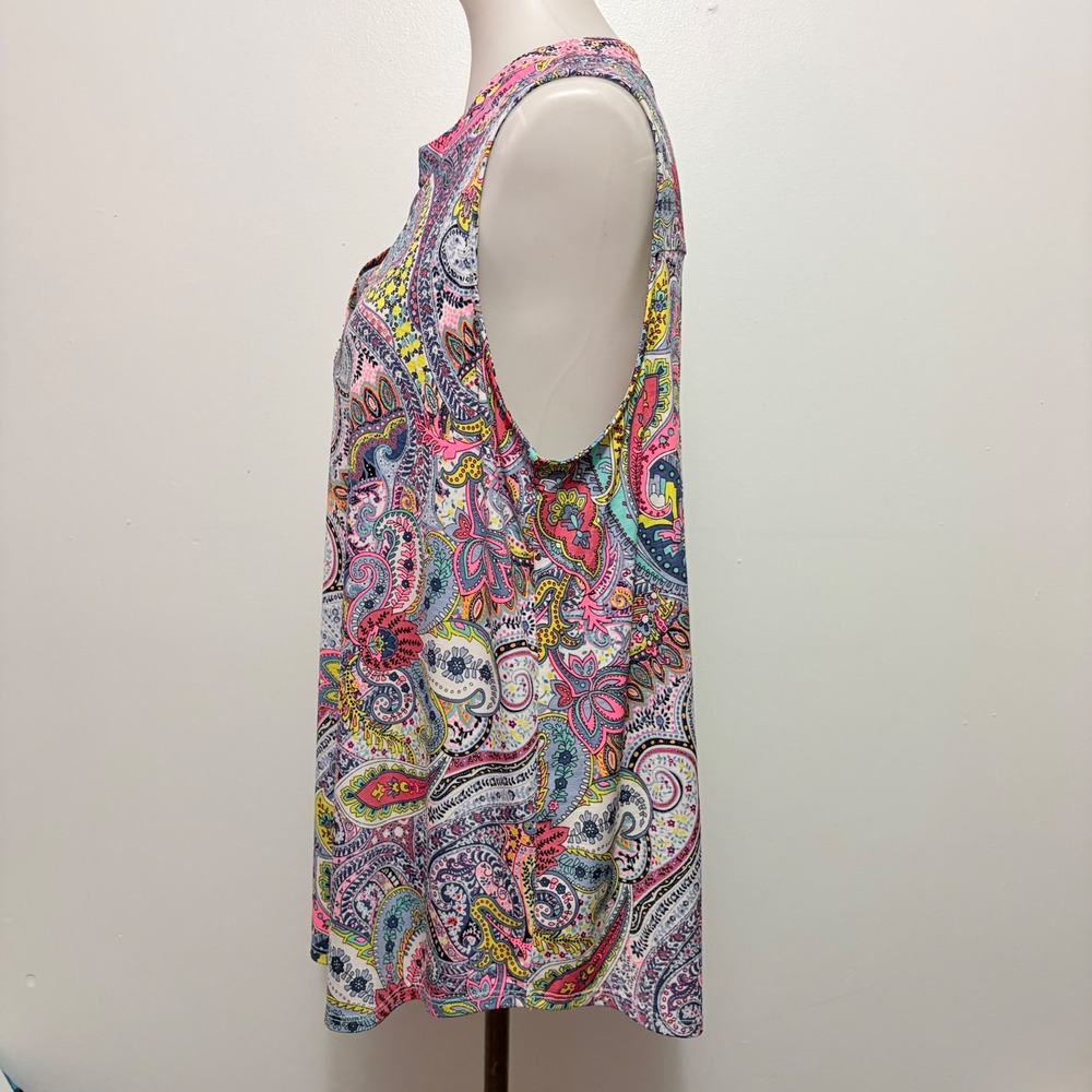 Dear Scarlett Sleeveless Blouse XL Multi Paisley Split Neck Relaxed Fit Top - Picture 3 of 7